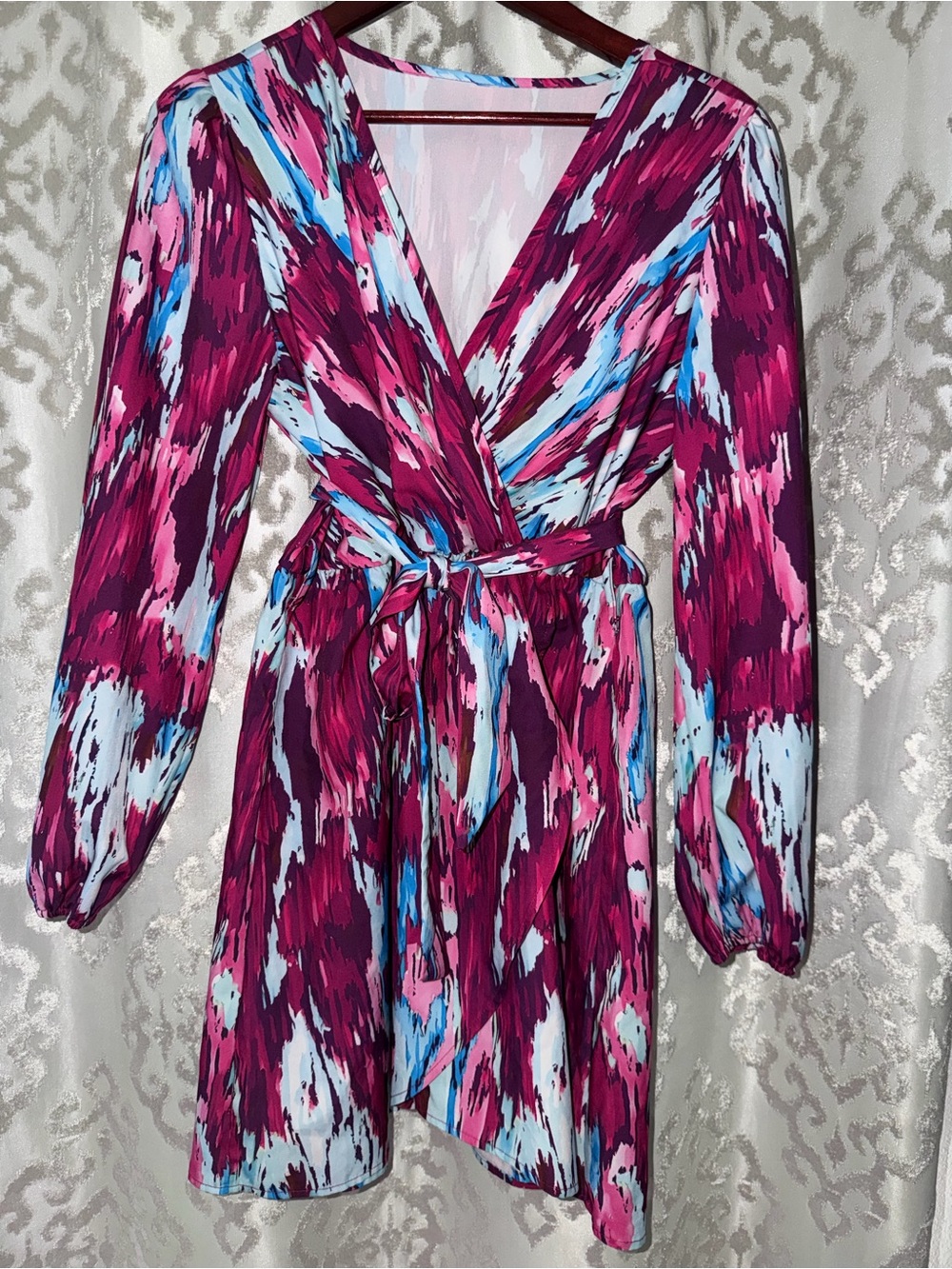 Vibrant Magenta Wrap Dress with Blue & Pink Print